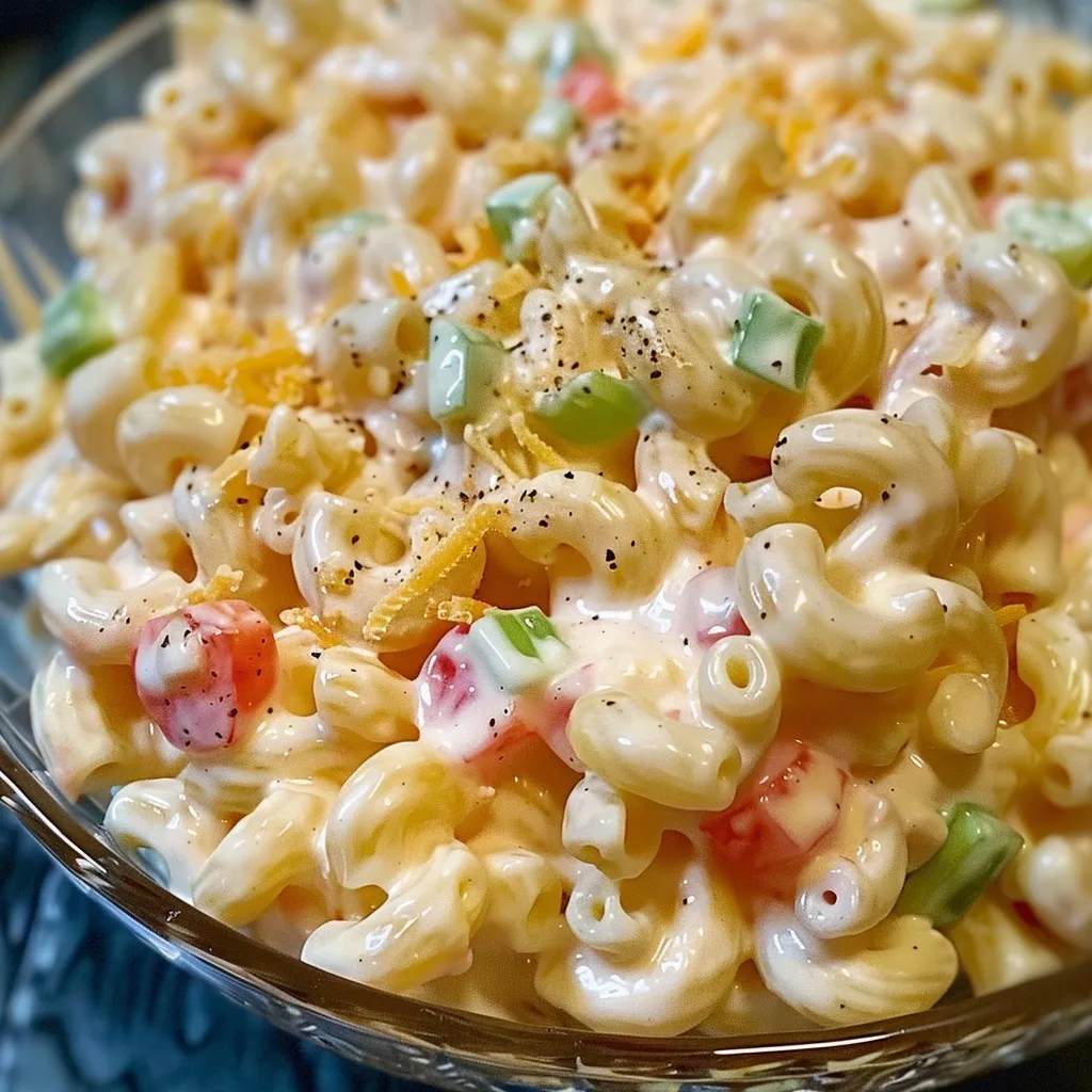 Close-up of creamy macaroni salad with red and green bell peppers.