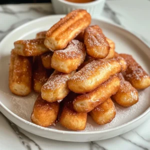 A white dish filled with golden-brown churro bites and a small bowl of chocolate dipping sauce.