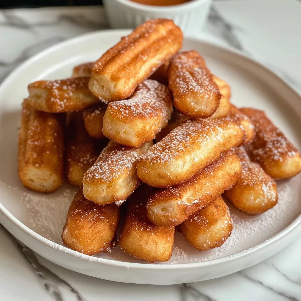 A white dish filled with golden-brown churro bites and a small bowl of chocolate dipping sauce.