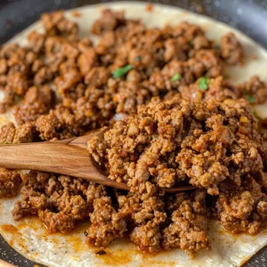 Close-up of seasoned ground beef in a skillet, being stirred with a wooden spoon.