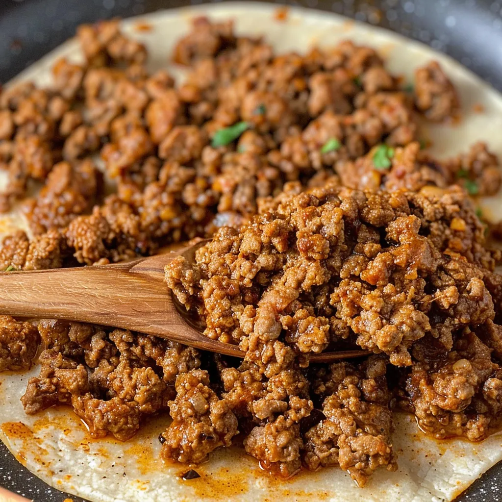 Close-up of seasoned ground beef in a skillet, being stirred with a wooden spoon.