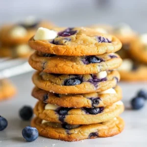Close-up of a stack of four delicious blueberry cheesecake cookies, featuring visible blueberries and white chocolate chips.