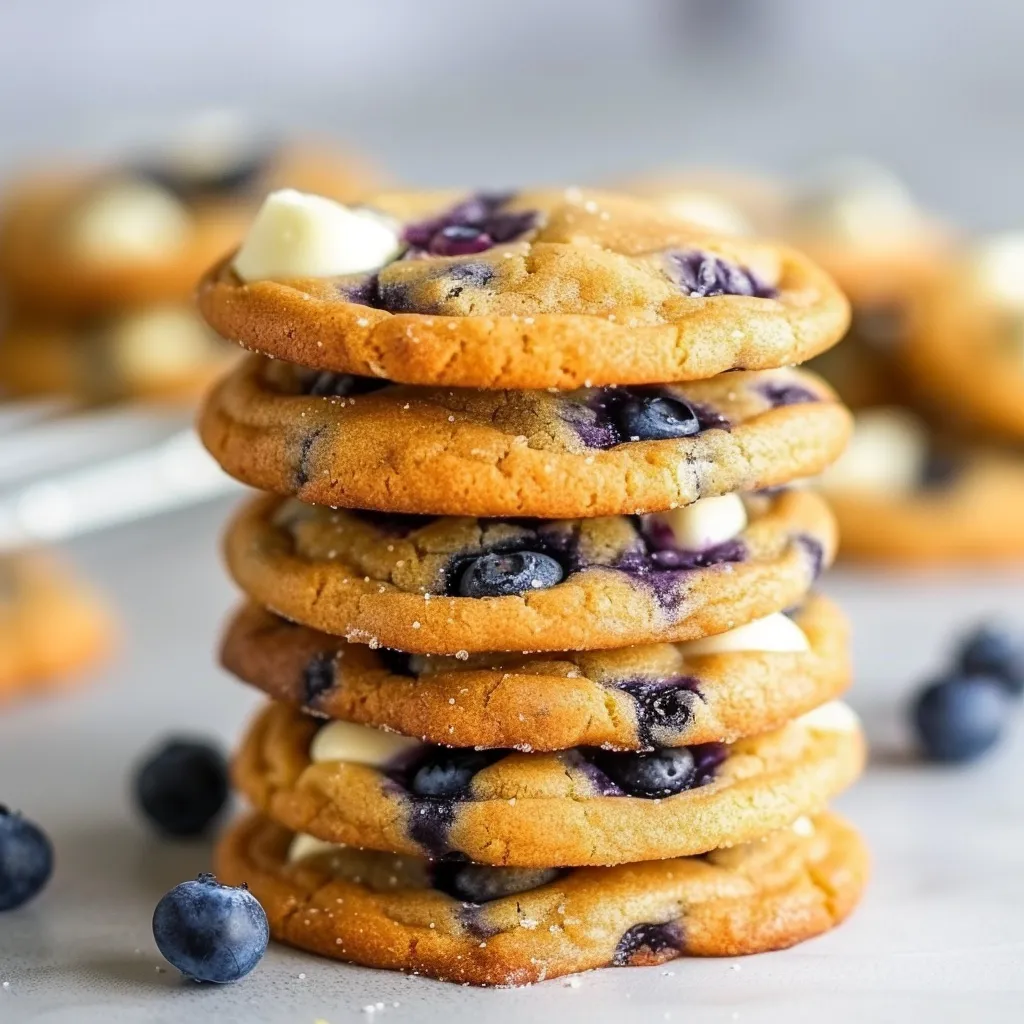 Close-up of a stack of four delicious blueberry cheesecake cookies, featuring visible blueberries and white chocolate chips.