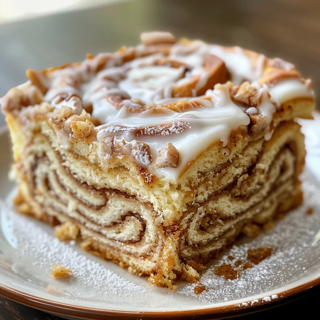 A delicious slice of cinnamon roll cake, glazed and ready to eat.