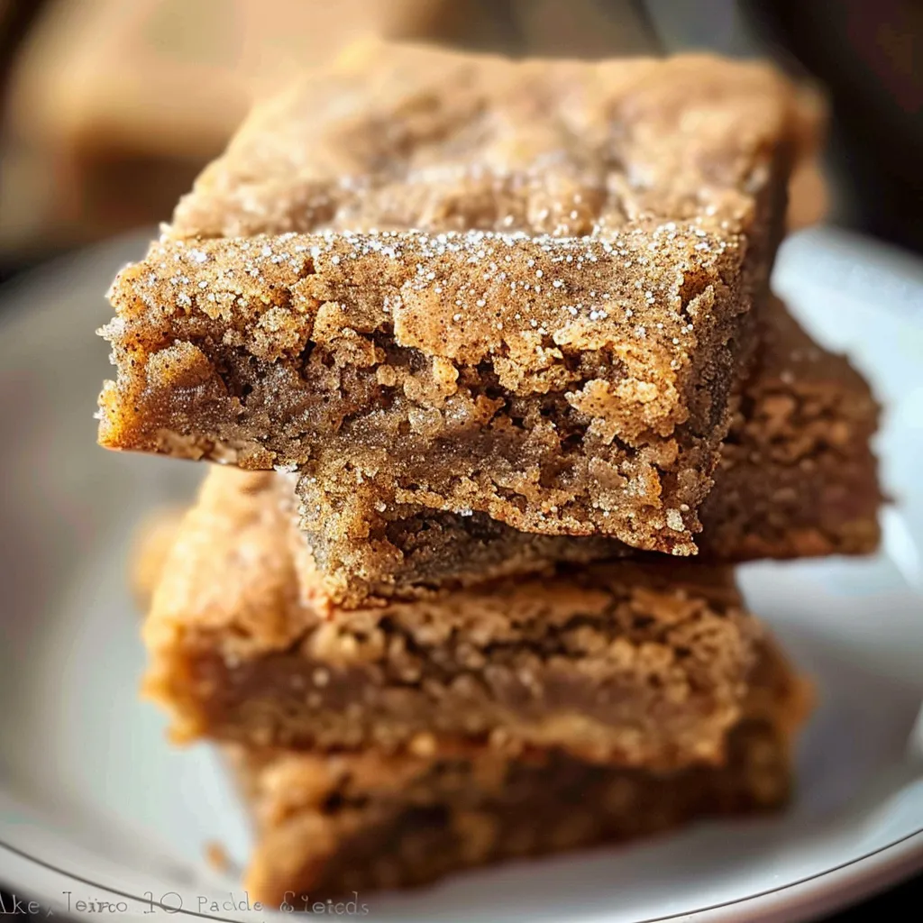 Close-up of two cinnamon sugar blondies stacked on top of each other.