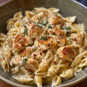 Creamy chicken garlic parmesan pasta in a white skillet, garnished with parsley. Gluten-free option available.