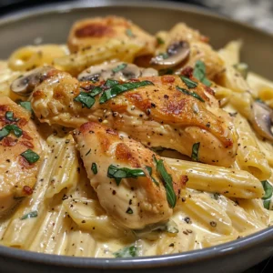 Creamy Tuscan chicken pasta in a skillet, with penne pasta, chicken, spinach, and sun-dried tomatoes in a creamy sauce.