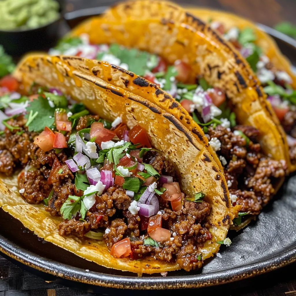 Four crispy ground beef tacos on a wooden board, topped with lettuce, tomato, cheese, and guacamole.