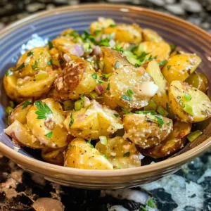 Bowl of crispy smashed potato salad topped with crispy fried potatoes and green onions.