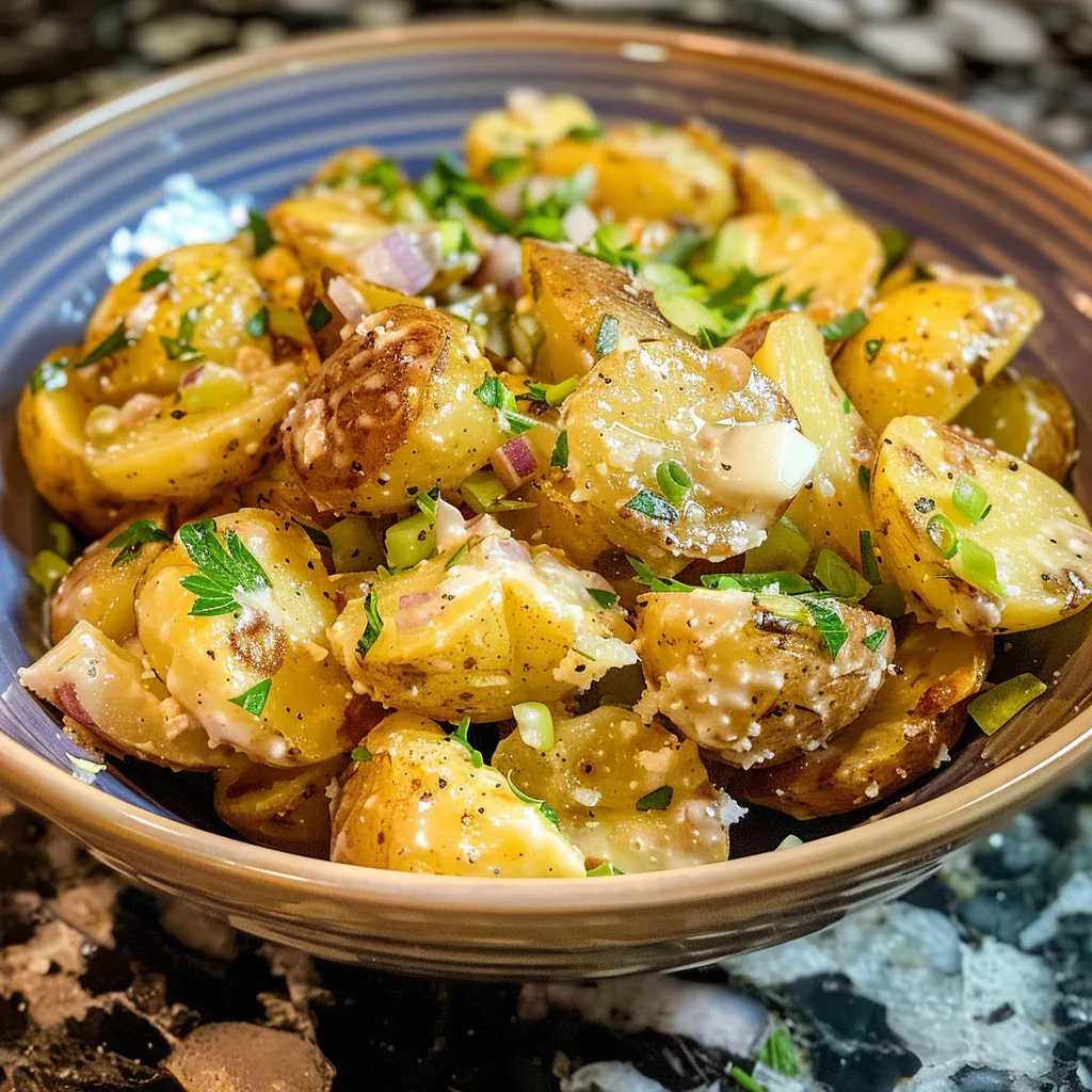 Bowl of crispy smashed potato salad topped with crispy fried potatoes and green onions.
