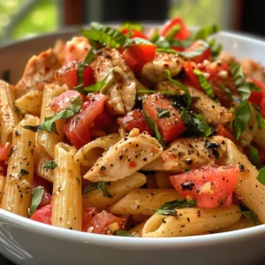 Delicious grilled chicken breast over spaghetti with a fresh tomato and basil topping.