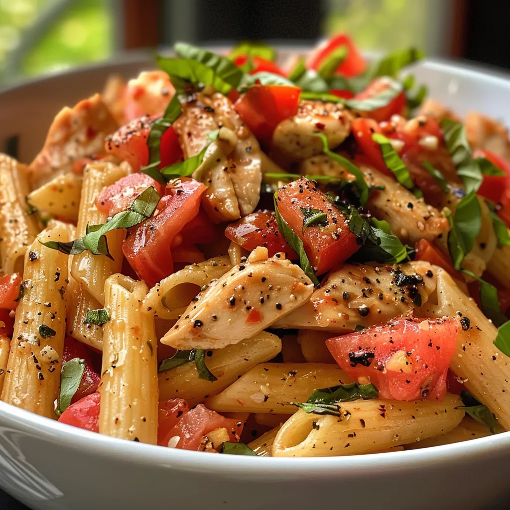 Delicious grilled chicken breast over spaghetti with a fresh tomato and basil topping.