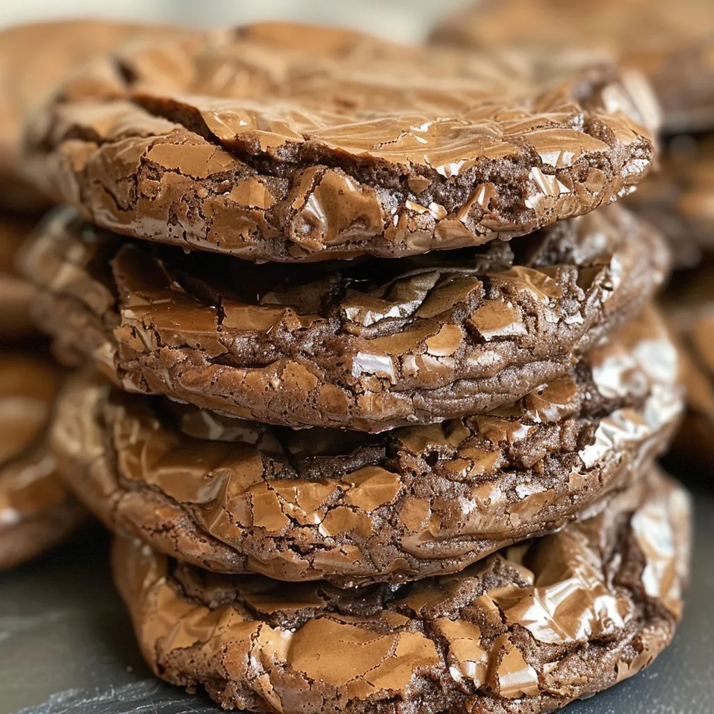 Close-up of several fudgy, chewy brownie cookies with a bite taken out of one.