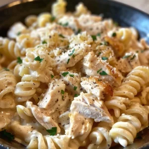 A delicious-looking bowl of creamy garlic parmesan chicken pasta.
