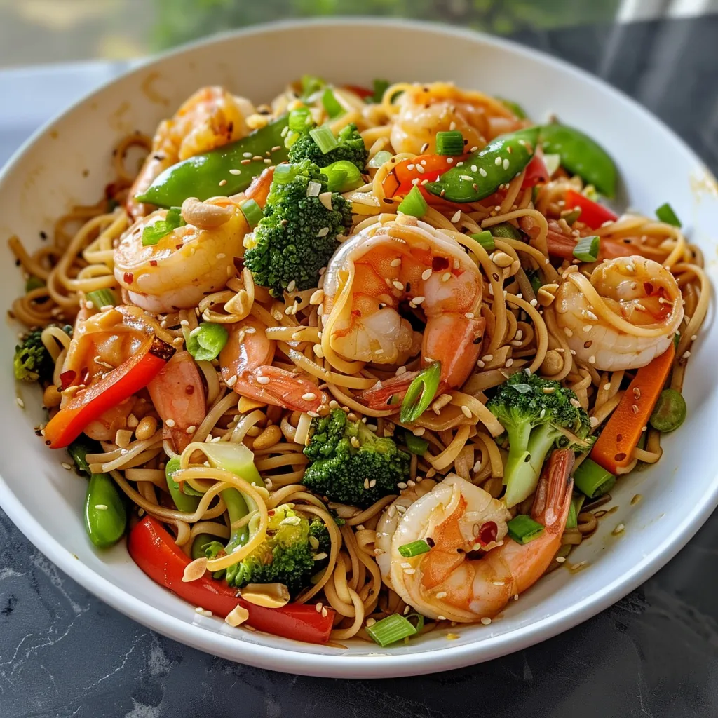 Close-up of a delicious high-protein shrimp stir-fry with noodles and vegetables.
