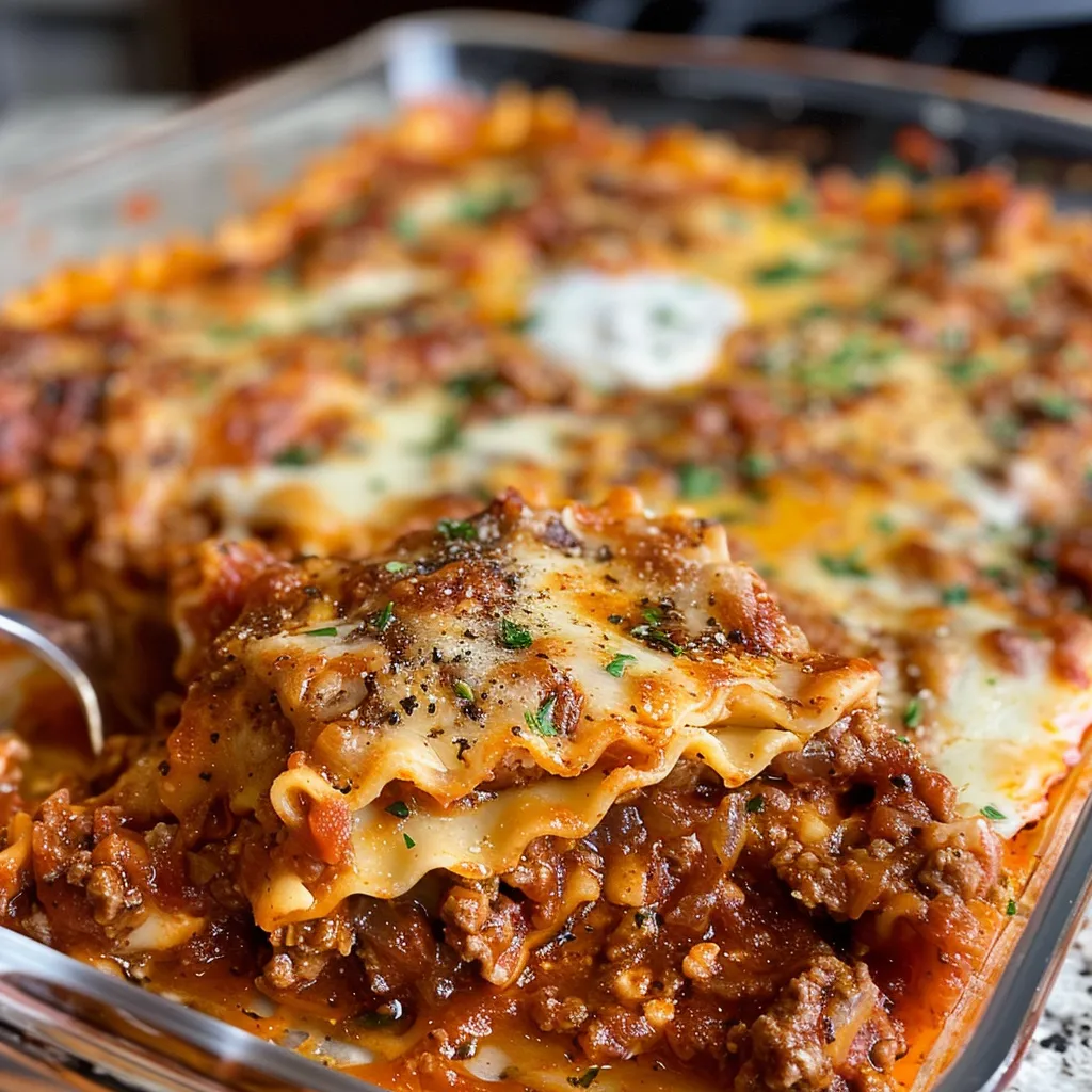 Close-up of a delicious, cheesy lasagna being served with a spatula.