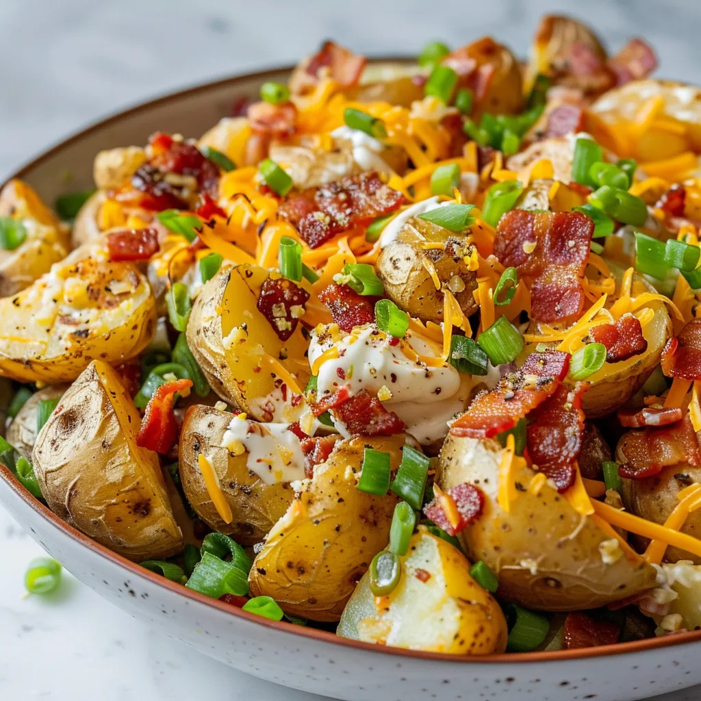 Loaded baked potato salad with bacon, cheese, and green onions in a glass bowl.