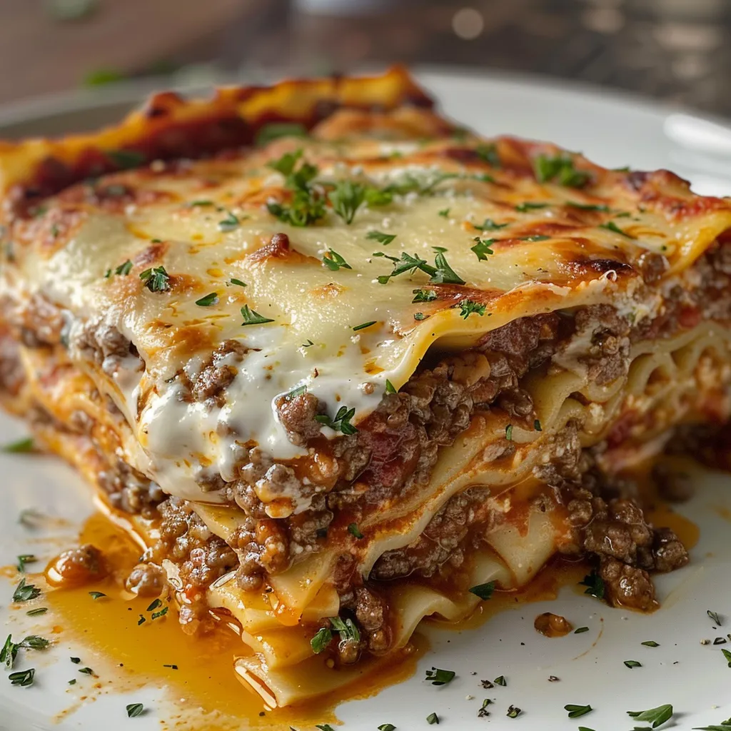 A close-up shot of a delicious, layered lasagna topped with melted cheese and fresh parsley.