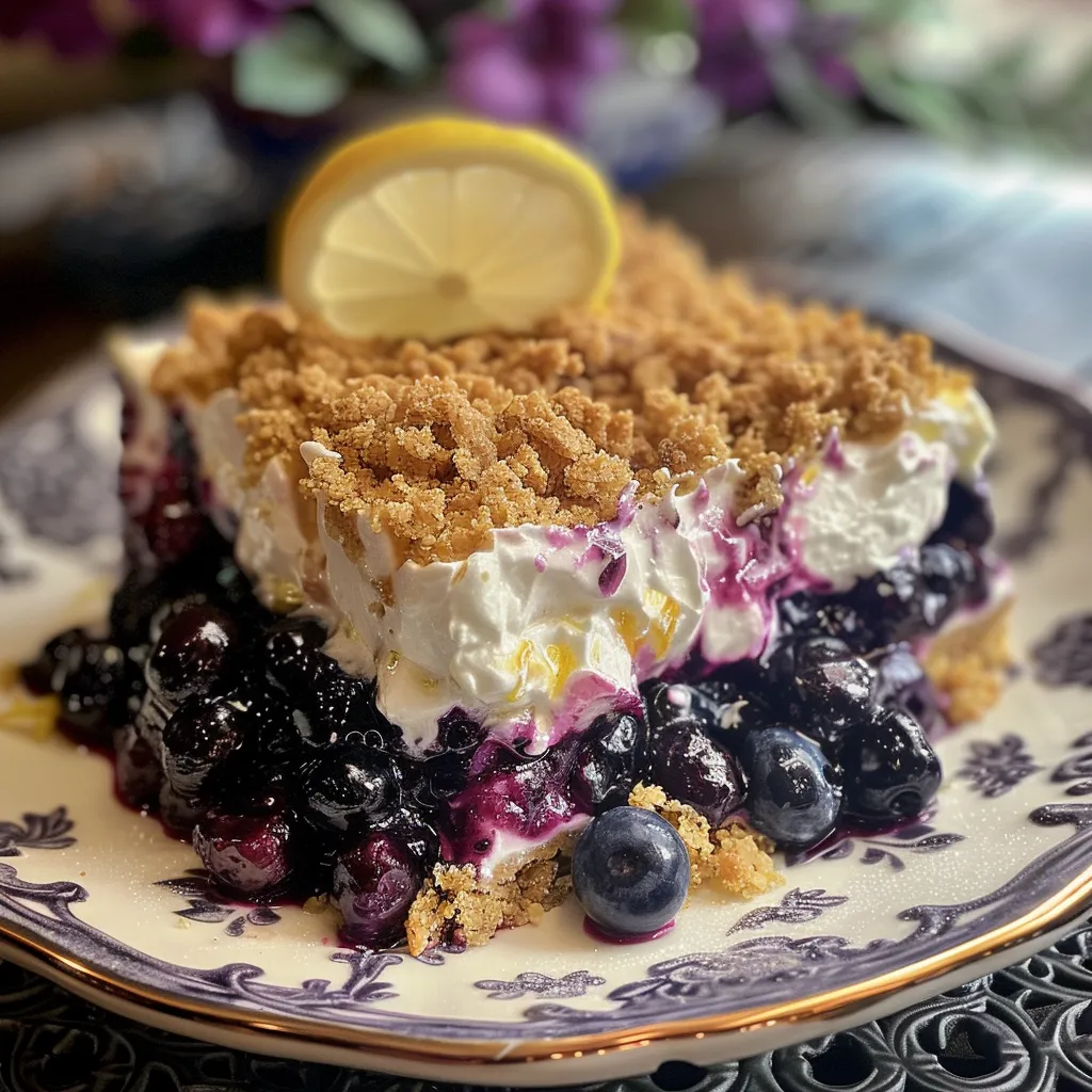 A slice of no-bake lemon blueberry dessert on a teal plate.