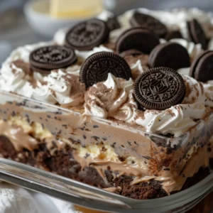 A slice of Oreo dump cake with chocolate sauce and whipped cream.