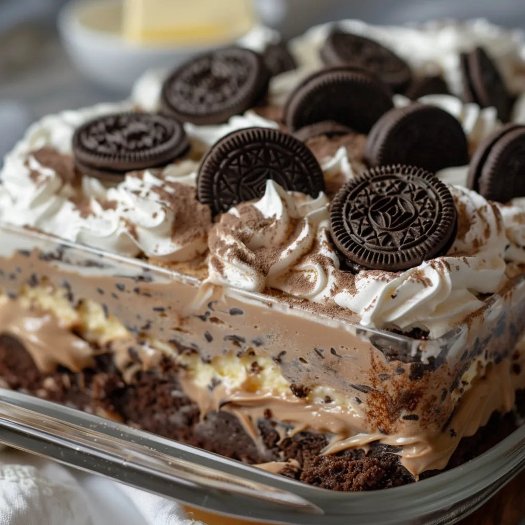 A slice of Oreo dump cake with chocolate sauce and whipped cream.