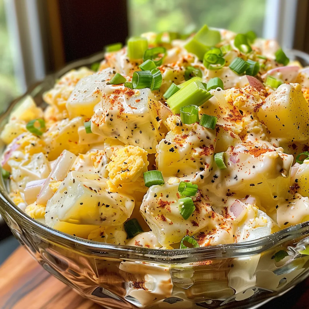 Creamy potato salad in a white bowl, garnished with green onions and paprika.