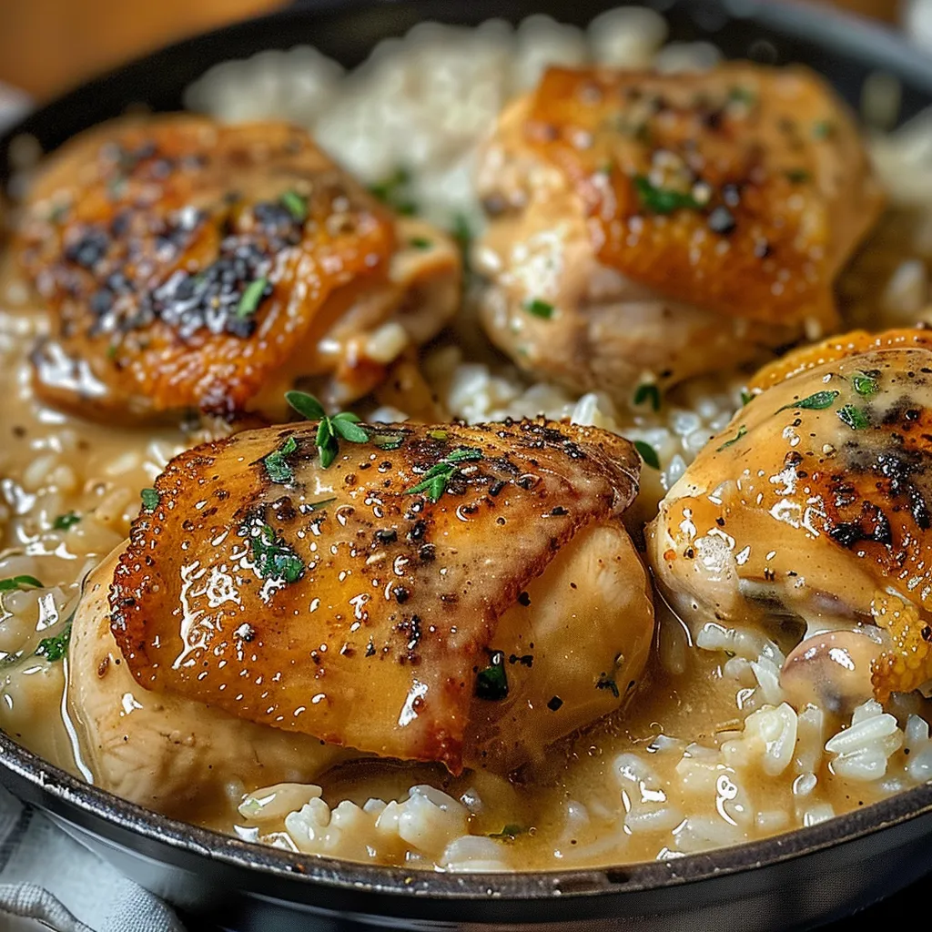 Close-up of savory smothered chicken thighs served over a bed of white rice.