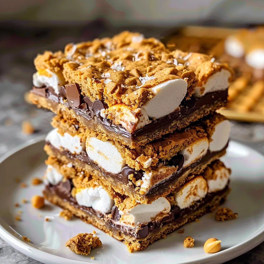 A stack of four s'mores bars with graham cracker crust, chocolate, and toasted marshmallows.