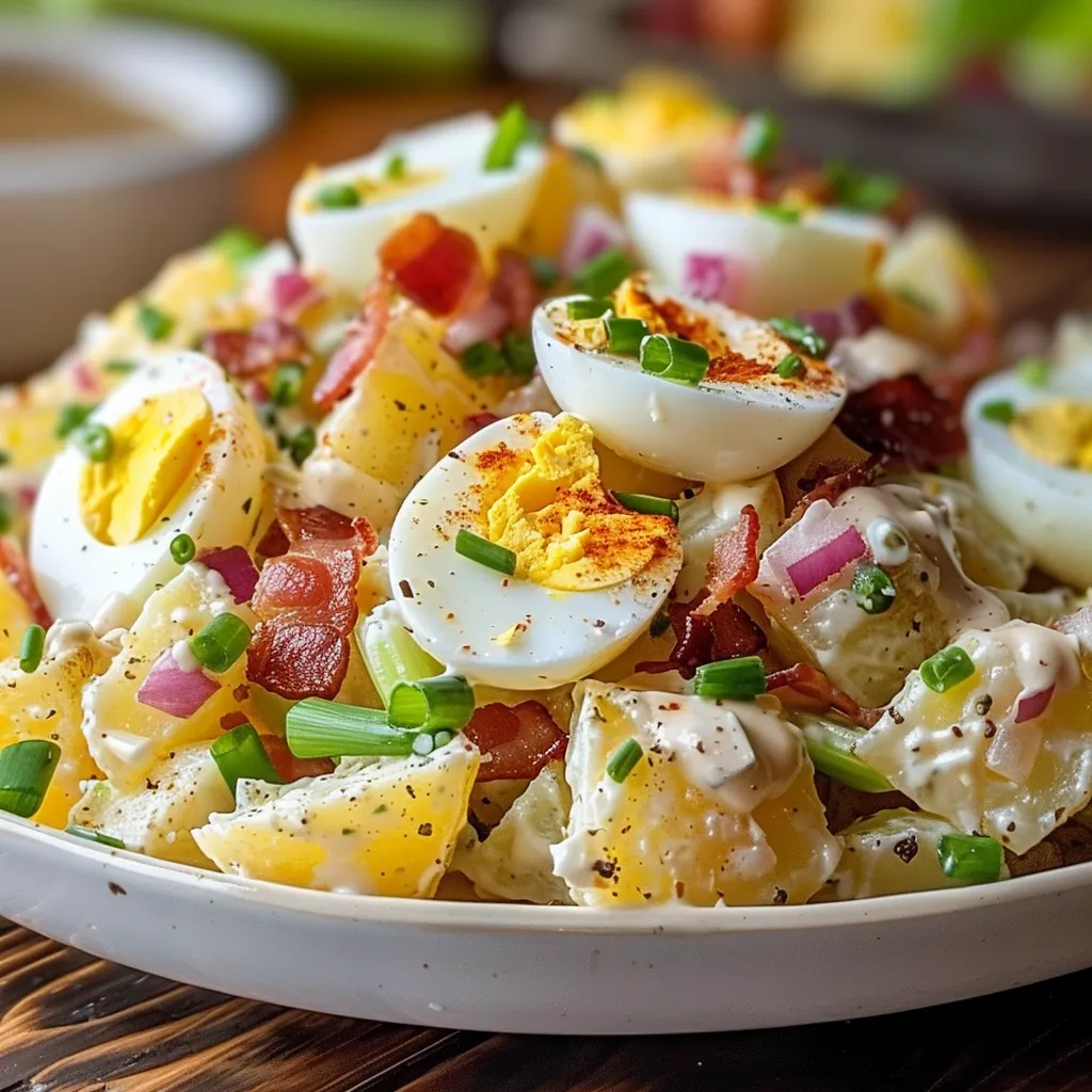 A delicious bowl of steakhouse potato salad with bacon, chives, and red onion.