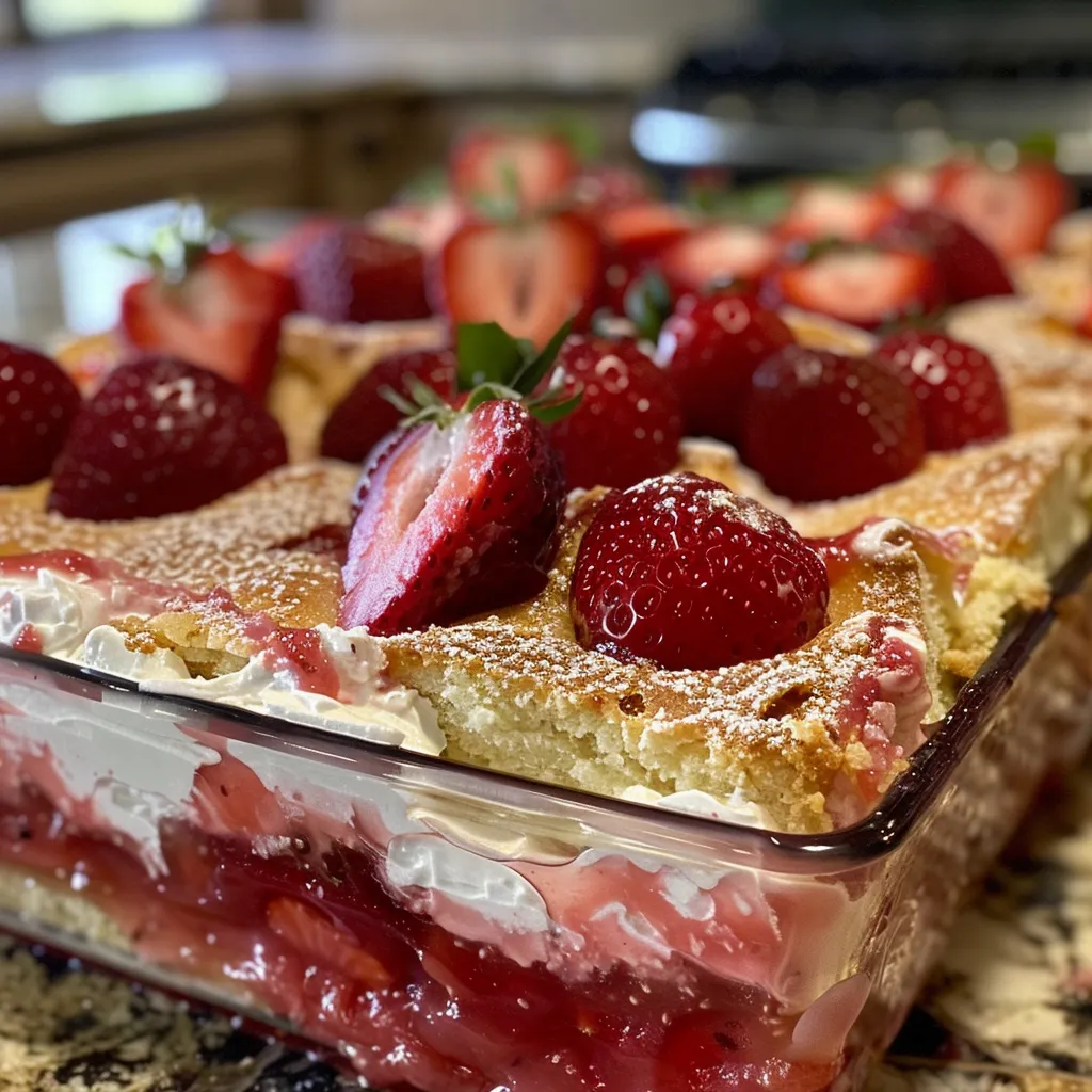 A slice of strawberry cheesecake dump cake topped with whipped cream.