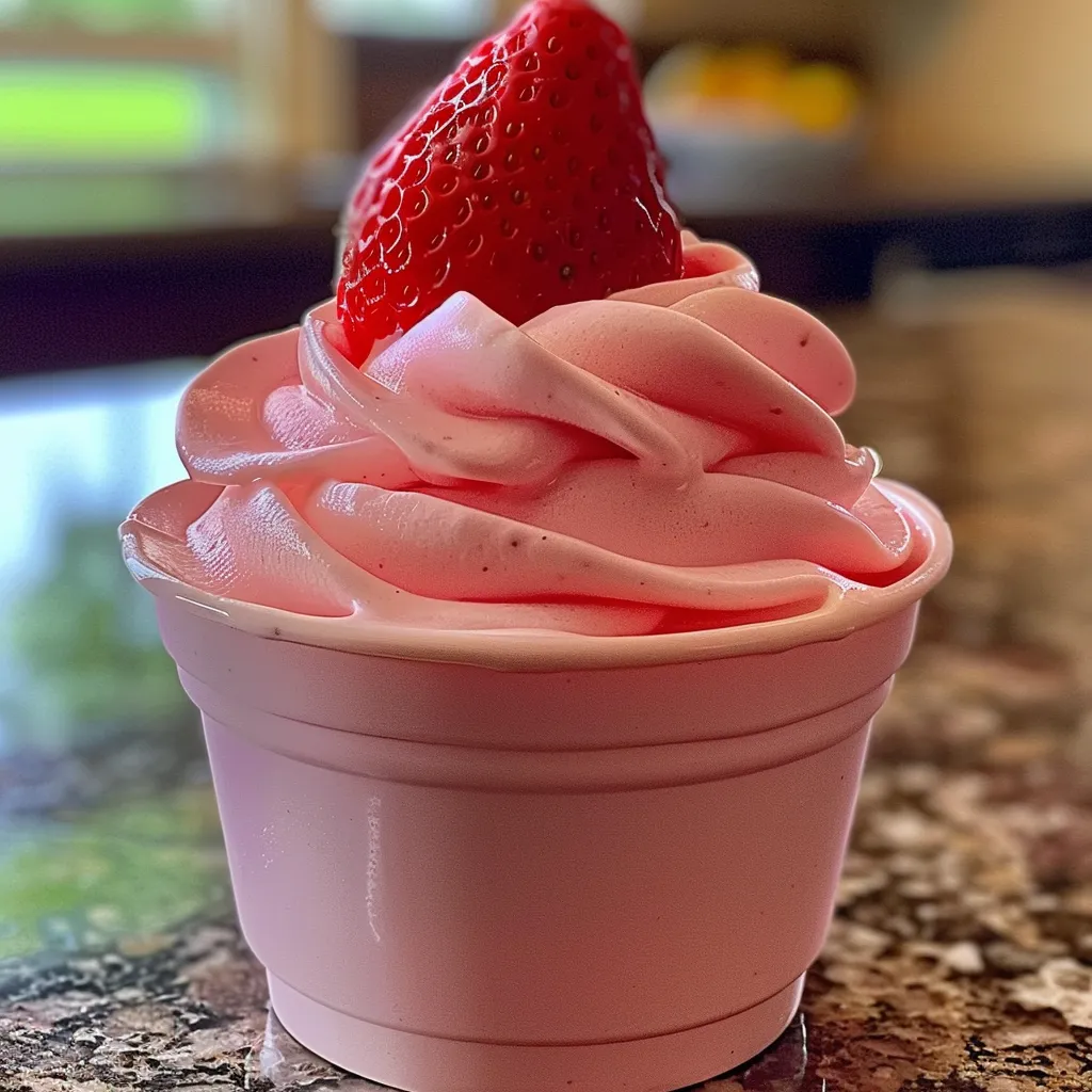A cup of strawberry Dole Whip topped with a fresh strawberry.