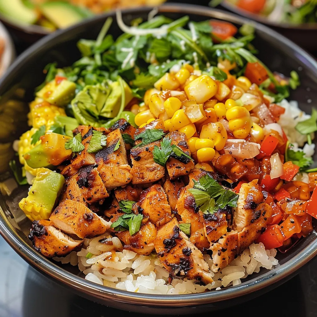 Grilled chicken and corn rice bowl with a creamy sauce.