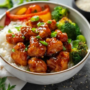 Sweet chili chicken served over a bed of white rice, garnished with green onions and sesame seeds.