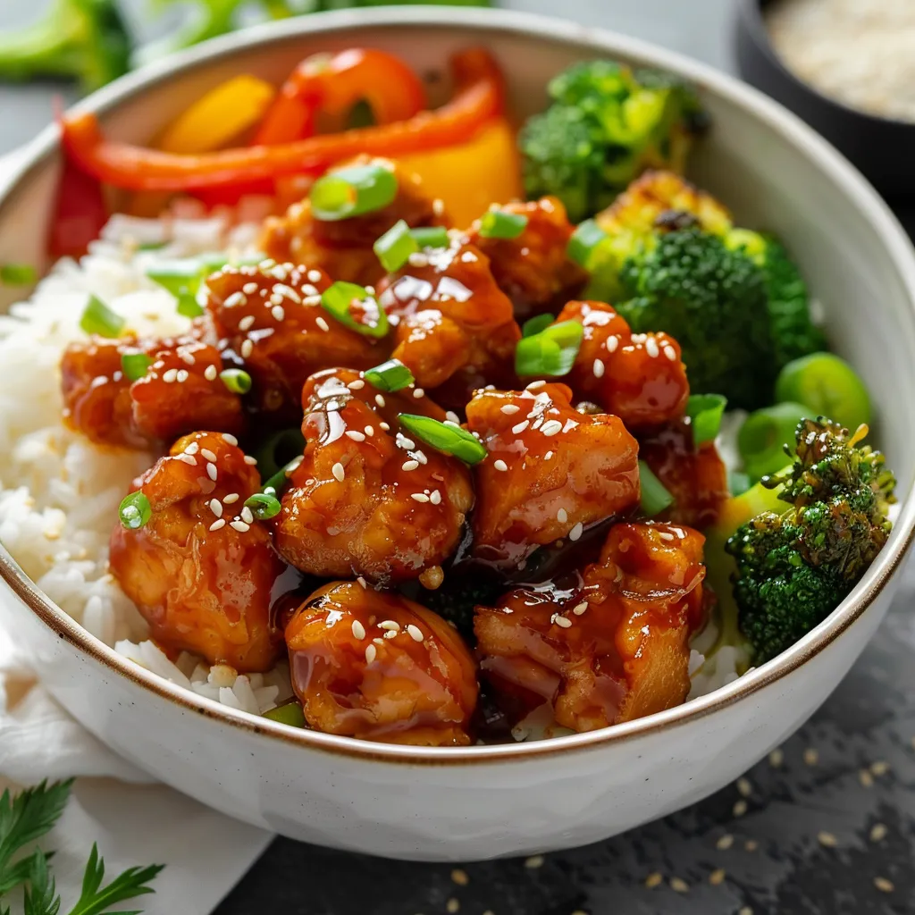 Sweet chili chicken served over a bed of white rice, garnished with green onions and sesame seeds.