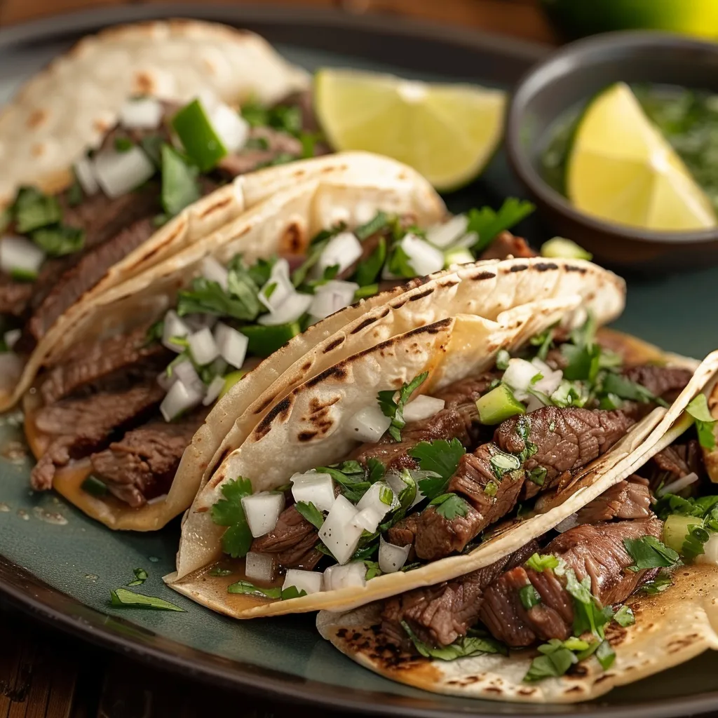 Close-up of delicious tacos filled with seasoned meat, cilantro, and onions.