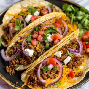 A close-up view of several delicious tacos on a metal tray, garnished with lettuce, tomatoes, onions, and cheese, with a side of sour cream.
