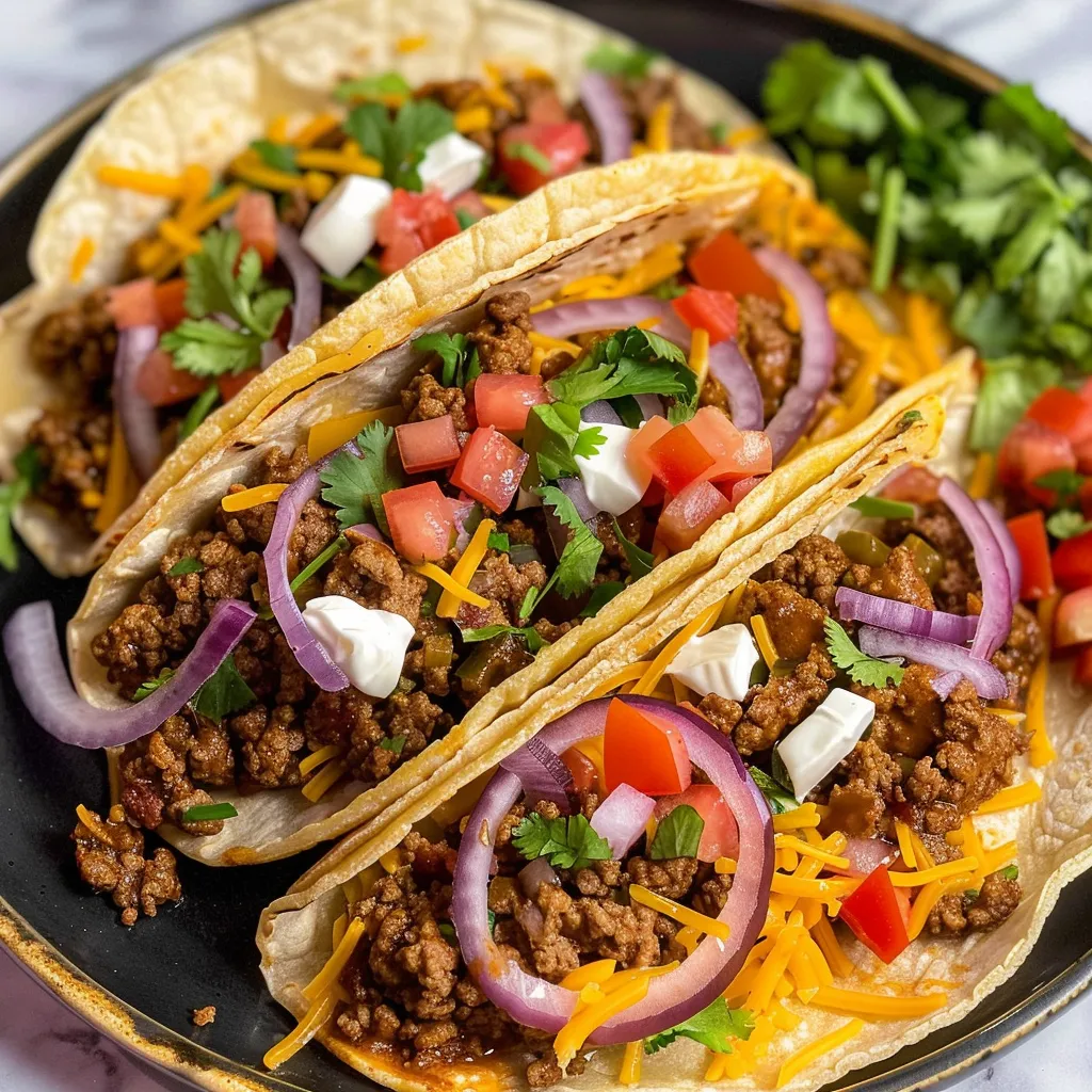 A close-up view of several delicious tacos on a metal tray, garnished with lettuce, tomatoes, onions, and cheese, with a side of sour cream.