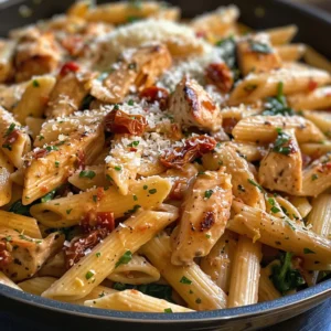 Tuscan chicken pasta in a cast iron skillet, garnished with spinach and sun-dried tomatoes.