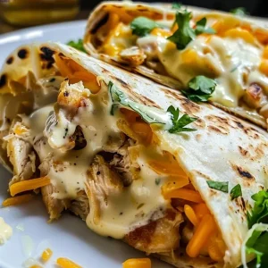 Close-up of cheesy garlic chicken wraps, showing melted cheese and browned tortilla.