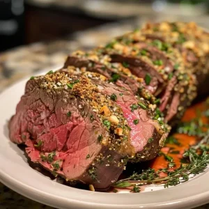 Close-up of sliced garlic-crusted beef tenderloin on a white plate, garnished with rosemary sprigs.