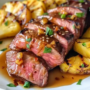 Close-up of sliced grilled beef tenderloin with grilled pineapple and a savory glaze.
