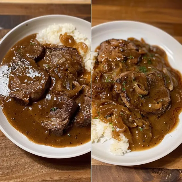 Cube steak with gravy served over mashed potatoes.