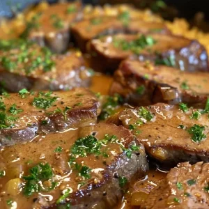 A close-up shot of smothered cube steak in a white skillet, topped with caramelized onions and fresh parsley.
