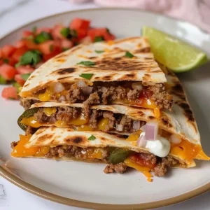 Juicy ground venison quesadilla topped with sour cream, diced tomatoes, and cilantro, served on a plate with lime wedges.