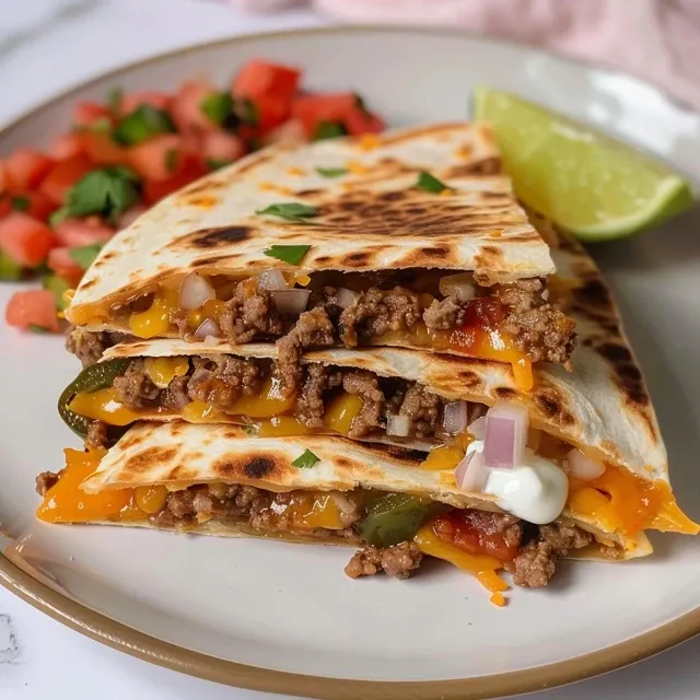 Juicy ground venison quesadilla topped with sour cream, diced tomatoes, and cilantro, served on a plate with lime wedges.