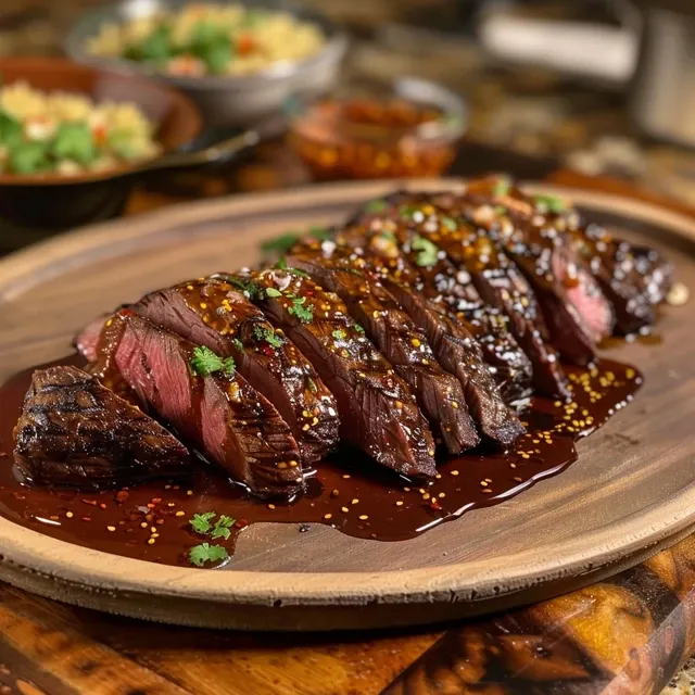 Delicious honey-chipotle marinated venison backstrap sliced and served with a side of rice and vegetables.