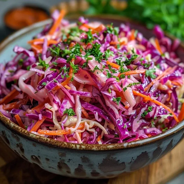Close-up of a vibrant red cabbage and carrot coleslaw in a wooden bowl.