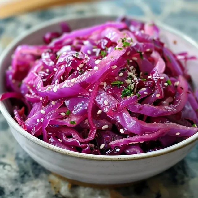A serving of sauteed red cabbage on a white rectangular plate.