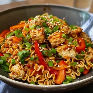 Delicious chicken ramen stir-fry in a black bowl, garnished with green onions.