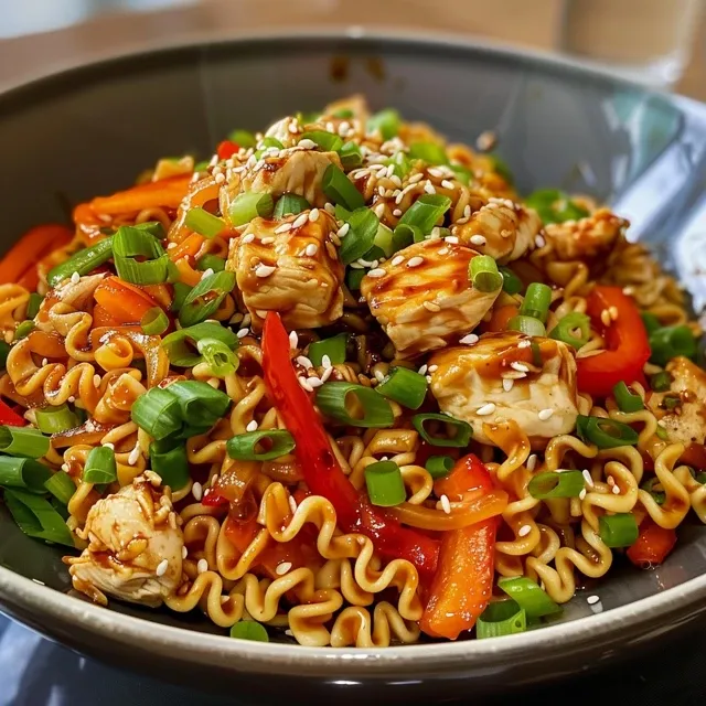 Delicious chicken ramen stir-fry in a black bowl, garnished with green onions.